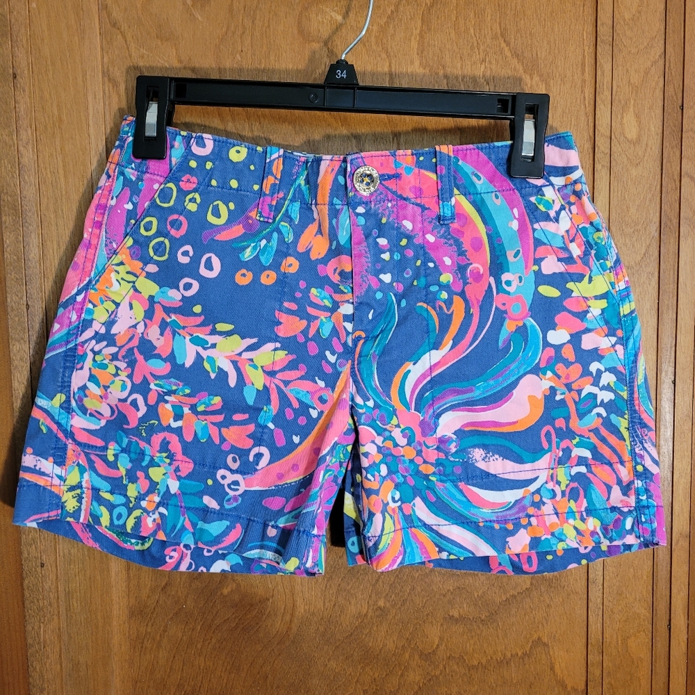 Lilly Pulitzer Dark Blue & Neon Floral, Waist 29", Women's Shorts, 0